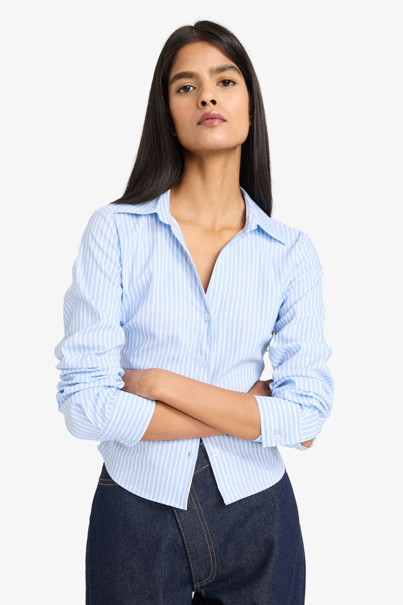 DeFacto Blue Woman Fitted Bengalin Striped Shirt Casual - Image 3